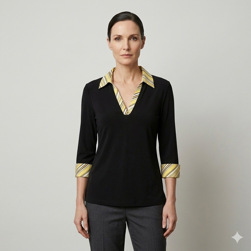 Vtg 90s Y2K George Striped Collar‎ Cuffed 3/4 Sleeve Top Lg Black Yellow V-neck